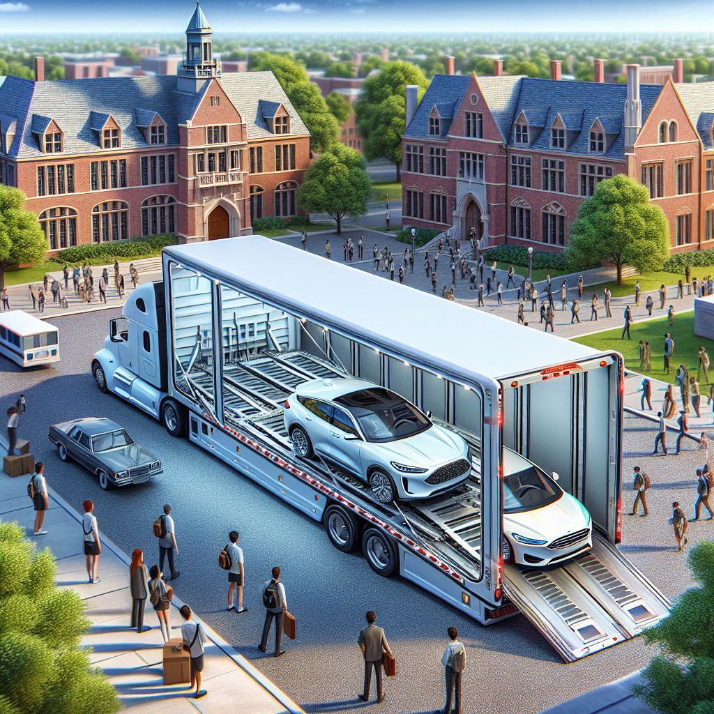[Relevant Image: Car being loaded onto an enclosed transport carrier at a college campus]
