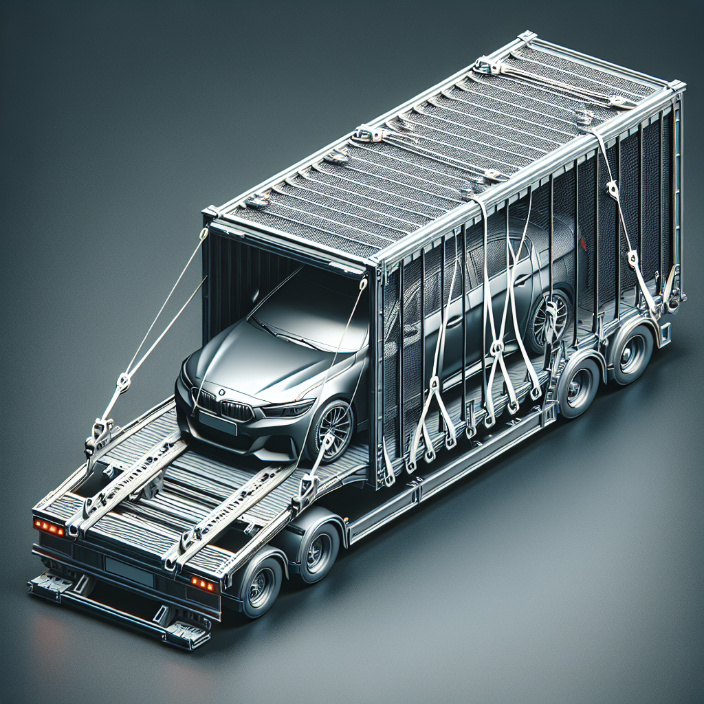 [Relevant Image: Car secured on an enclosed trailer with multiple tie-down points]