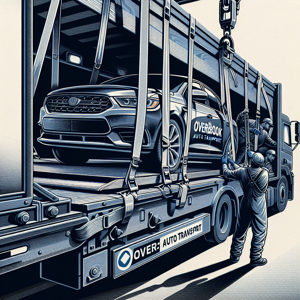 [Relevant Image: Close-up of a car being secured on an Overbrook Auto Transport carrier, demonstrating secure vehicle handling]