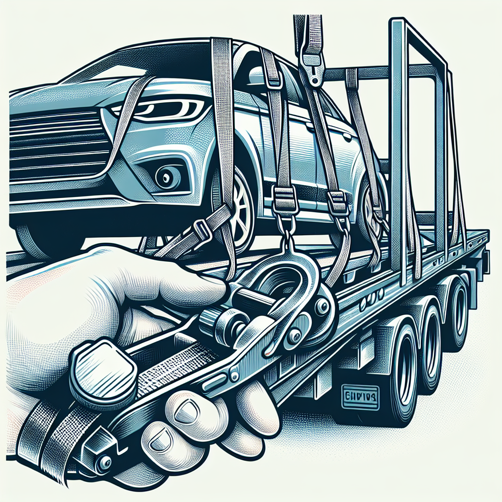 [Relevant Image: Close-up of car being secured on a transport truck with ratchet straps and other safety measures]