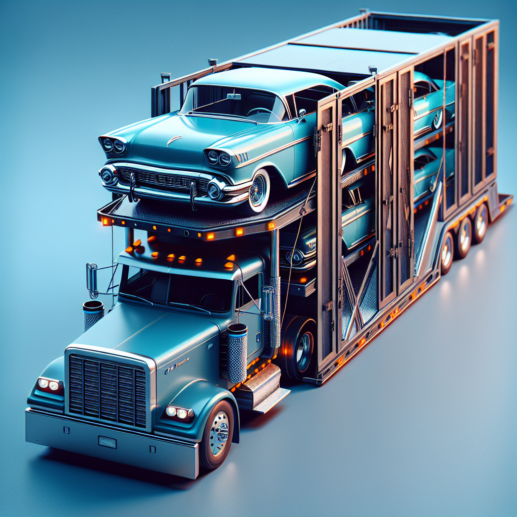 [Relevant Image: Enclosed car carrier truck with a classic car inside]