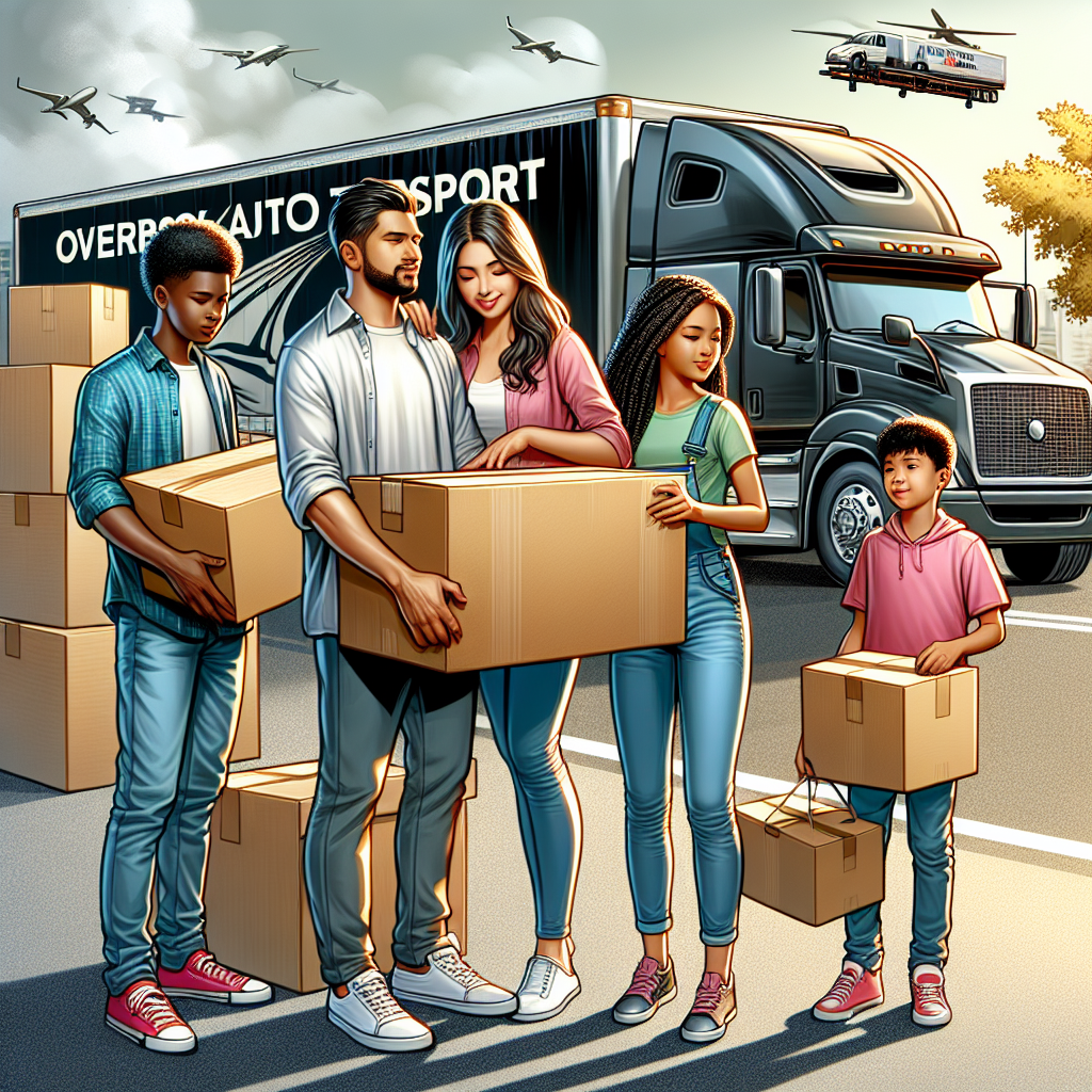 [Relevant Image: Family loading boxes into a moving truck while an Overbrook Auto Transport car carrier transports their vehicle in the background]