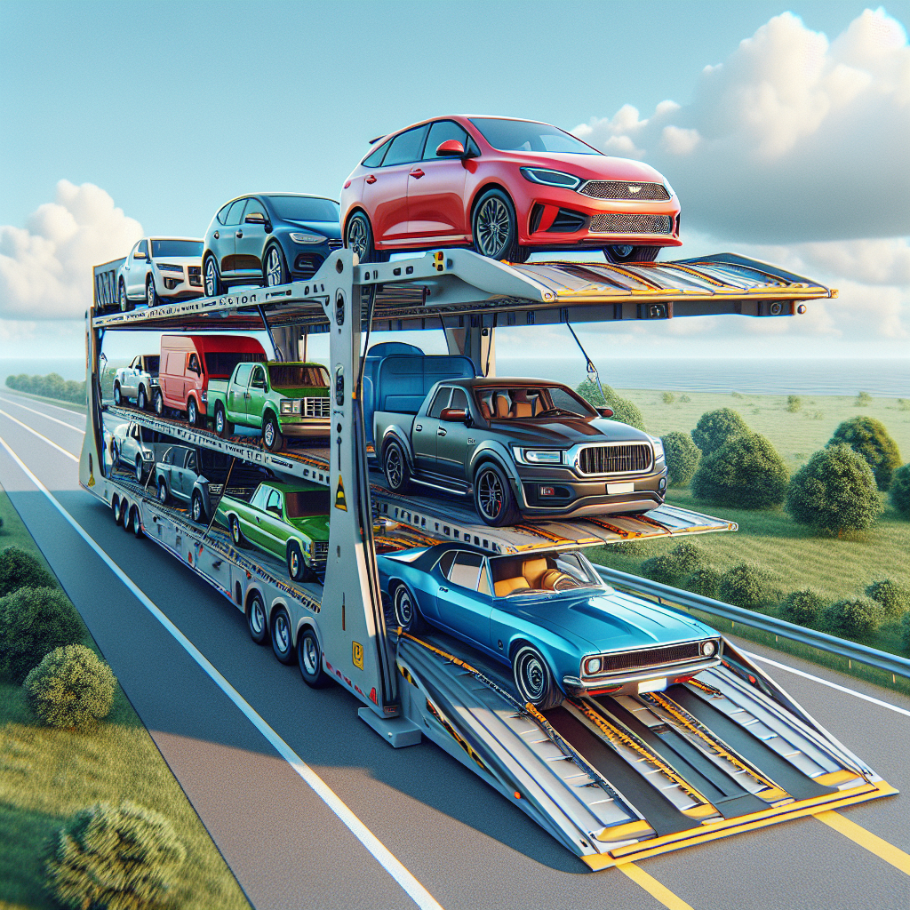 [Relevant Image: Variety of vehicles, including a sedan, SUV, truck, and classic car, loaded onto an open car carrier]